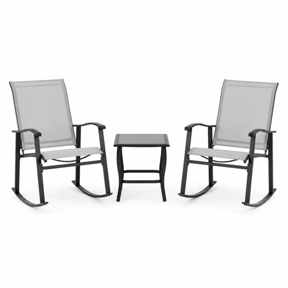 Ensemble de chaises à bascule en métal et tissu textilène avec table basse en verre trempé gris-Solvortinela