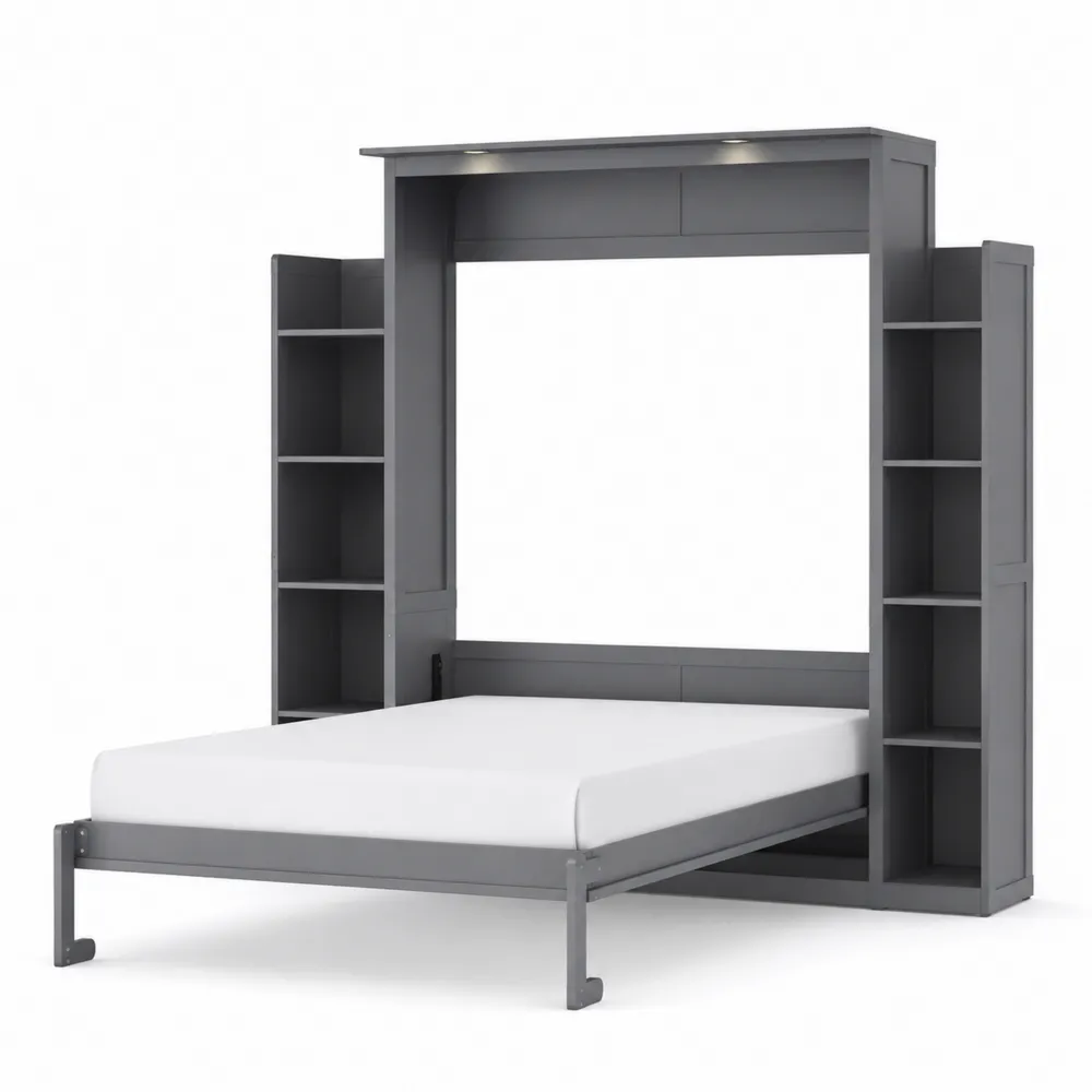 Lit escamotable avec étagères intégrées en bois gris-Solvortinela
