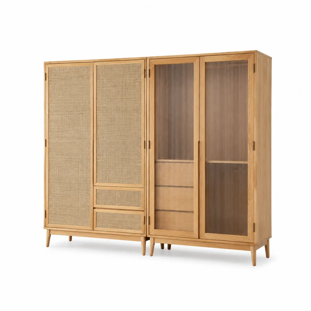 Armoire en bois avec portes en lin et verre cannelé-Solvortinela