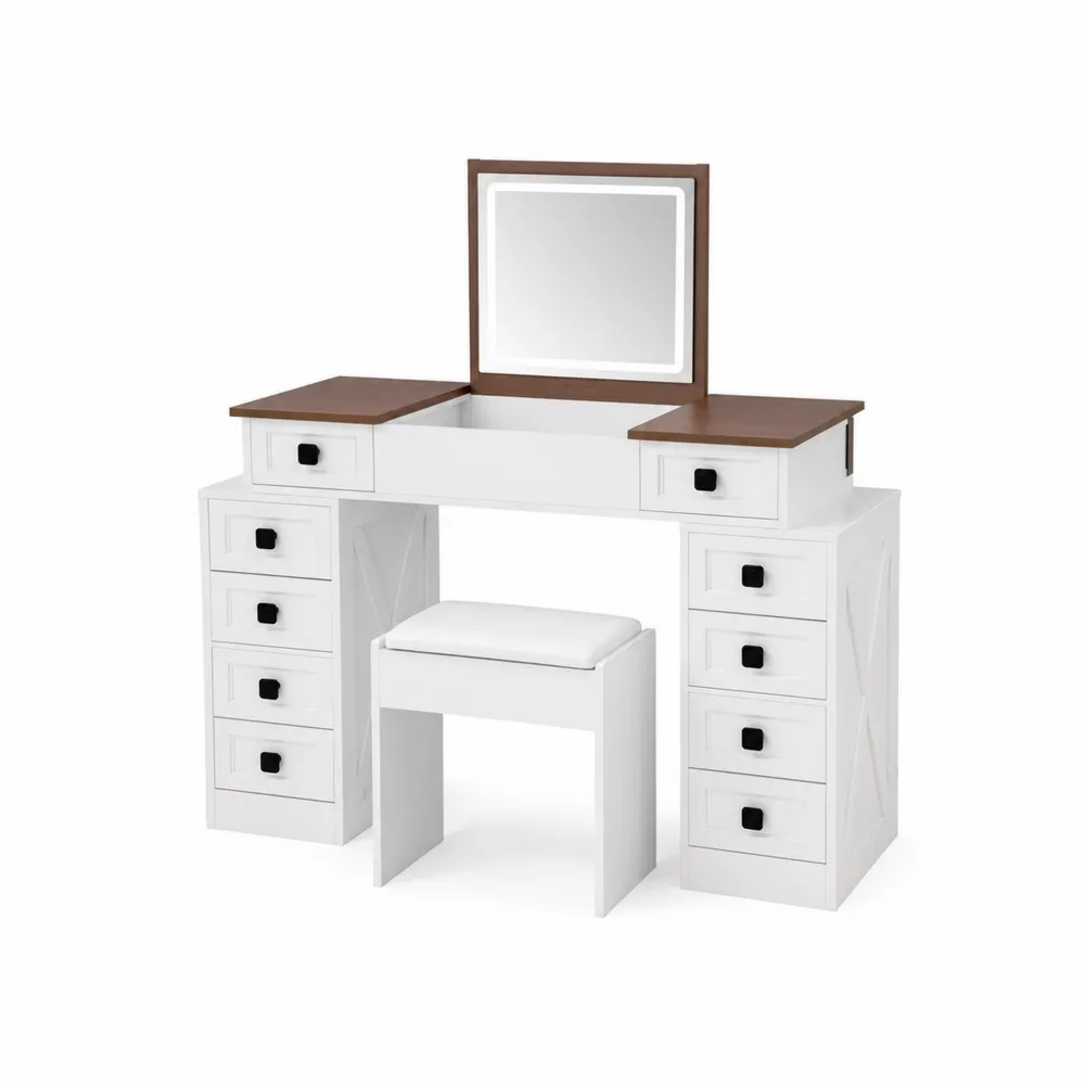 Coiffeuse en Bois Blanc et Marron avec Miroir et Tabouret-Solvortinela