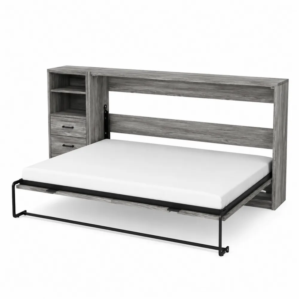 Lit escamotable en bois et métal gris avec matelas et rangement 140x200 cm-Solvortinela