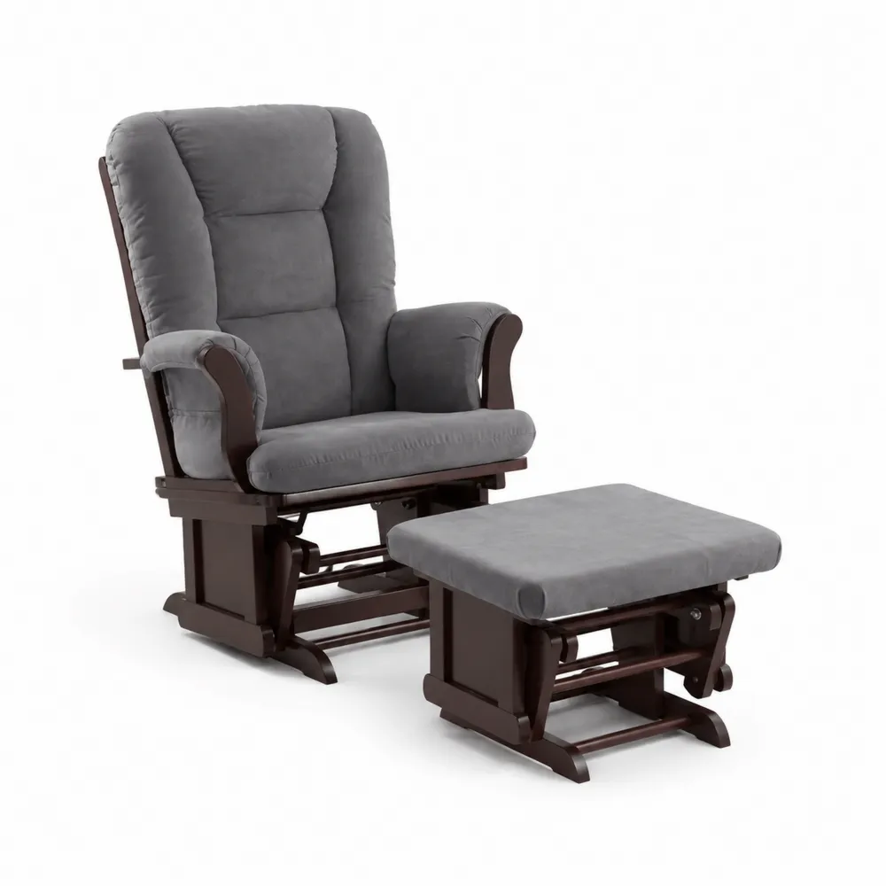 Fauteuil à bascule avec repose-pieds en bois et tissu microfibre gris-Solvortinela