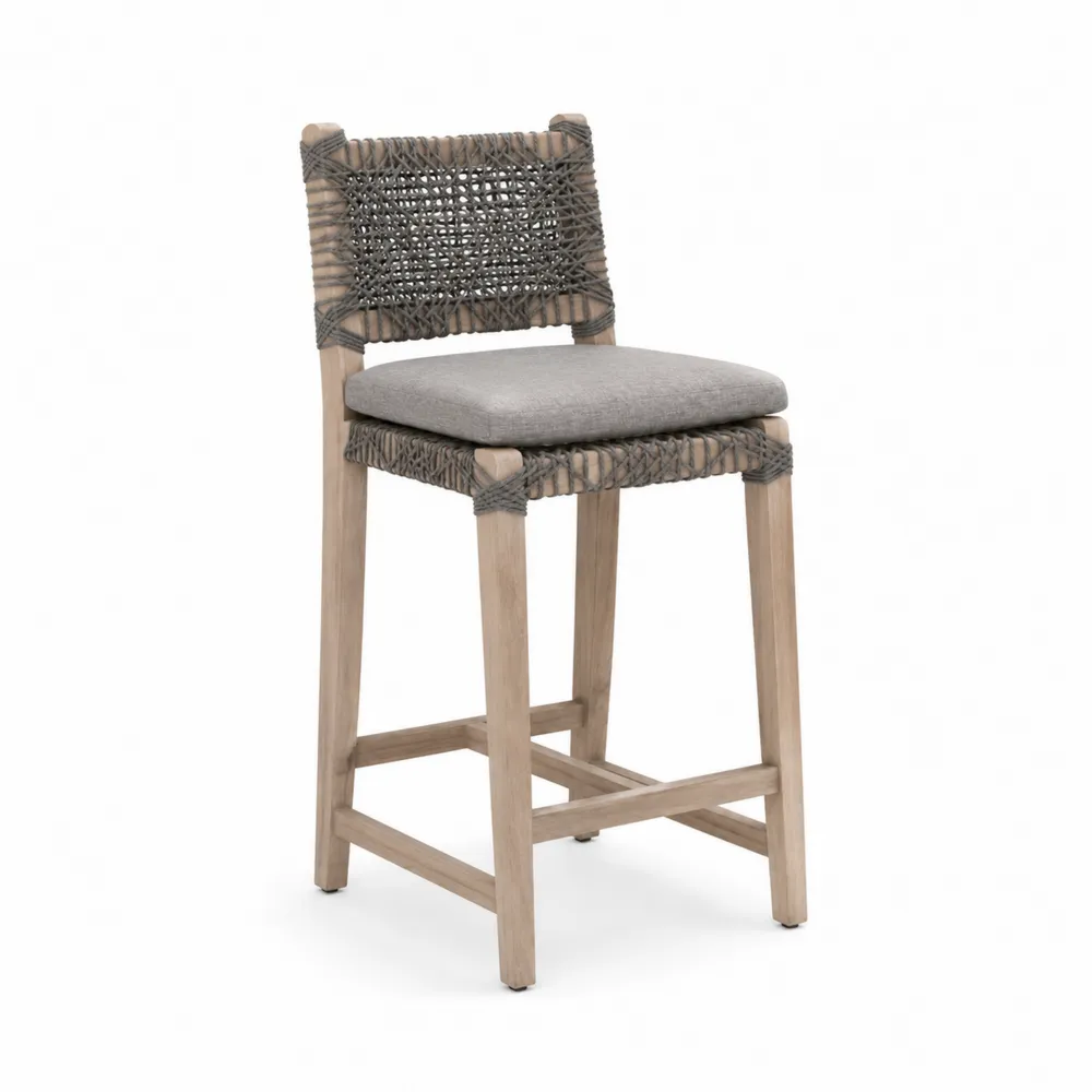 Tabouret de bar en bois et corde synthétique gris avec assise en polyester-Solvortinela