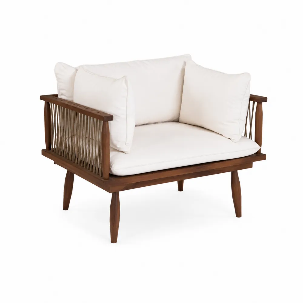 Fauteuil en bois d'acacia avec coussins en polyester blanc-Solvortinela