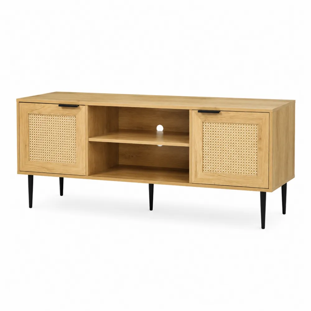 Meuble TV en bois de chêne clair avec portes en rotin et pieds en métal - 140x40x50 cm-Solvortinela