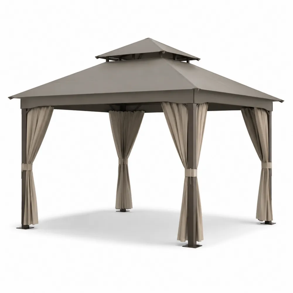 Pavillon de Jardin en Métal avec Toit Double et Rideaux 3x3m-Simplivillaeu