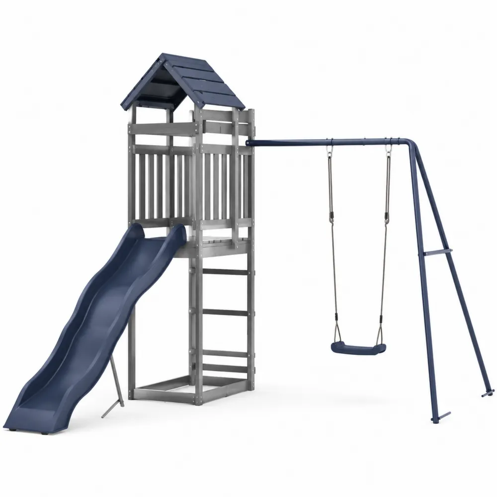 Aire de jeux en bois et plastique bleu avec toboggan et balançoire-Simplivillaeu