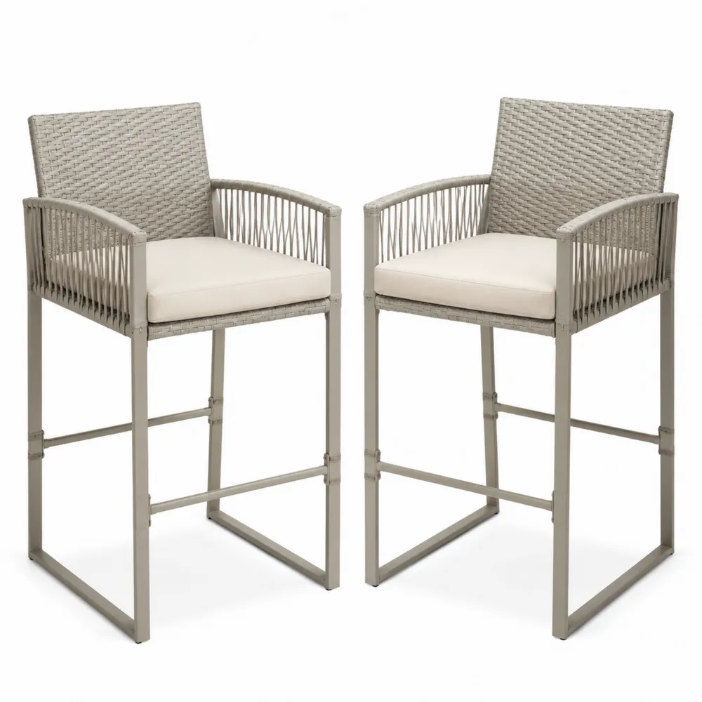 Lot de 2 tabourets de bar en métal avec corde tressée et coussin beige-Simplivillaeu