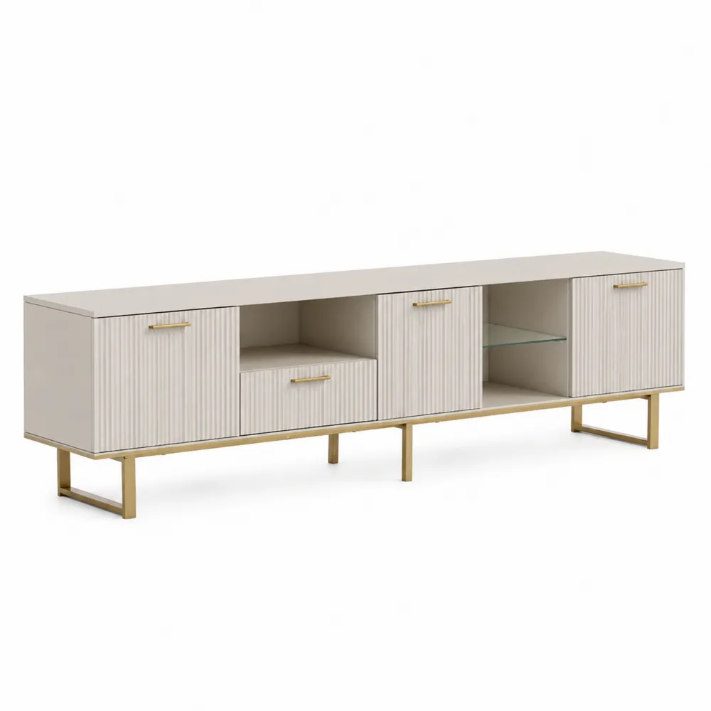 Meuble TV en bois MDF beige avec étagères en verre et pieds métalliques-Simplivillaeu