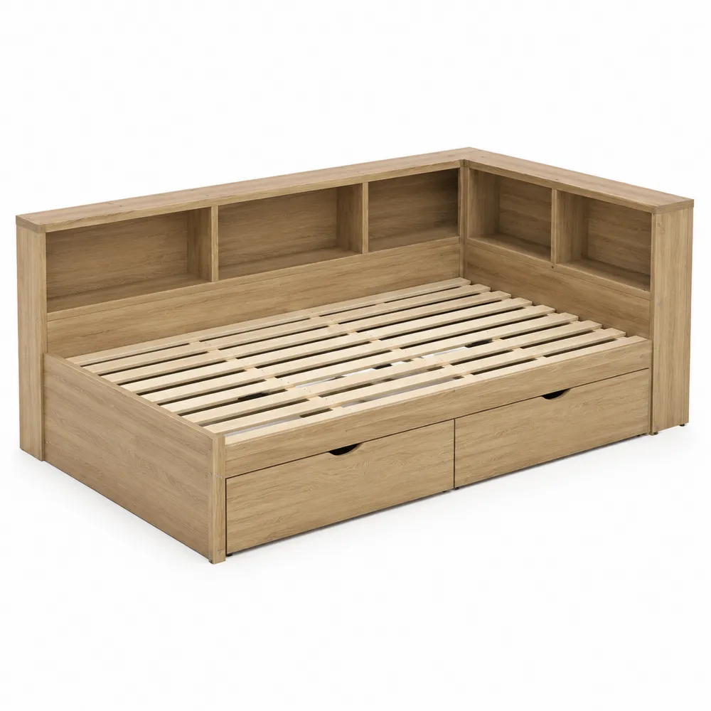 Lit en bois de chêne avec étagères et tiroirs 200cm x 90cm x 80cm-Simplivillaeu