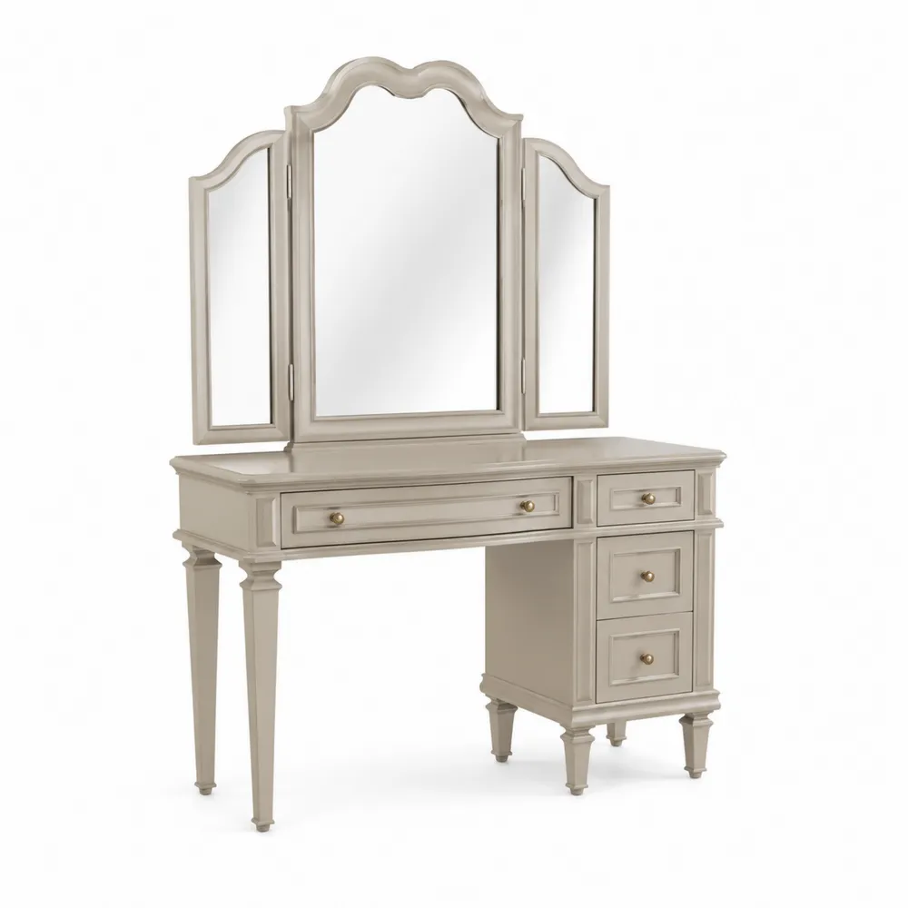 Coiffeuse en Bois avec Miroirs Trifaces et Tiroirs Beige-Simplivillaeu