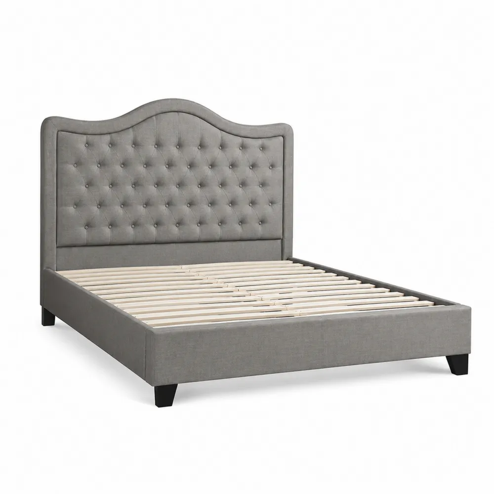 Lit en bois et tissu polyester gris avec tête de lit capitonnée-Simplivillaeu