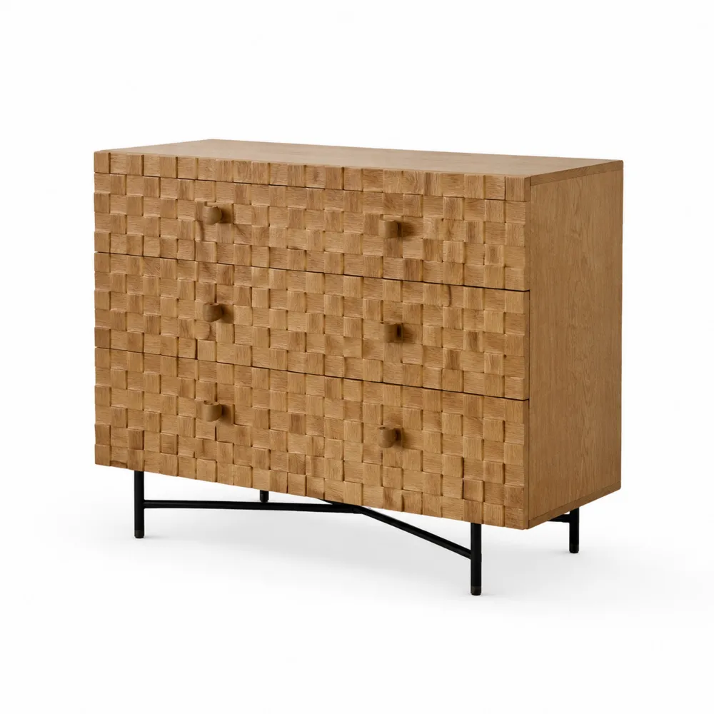 Commode en bois avec 3 tiroirs et pieds en métal, couleur Chêne-Simplivillaeu