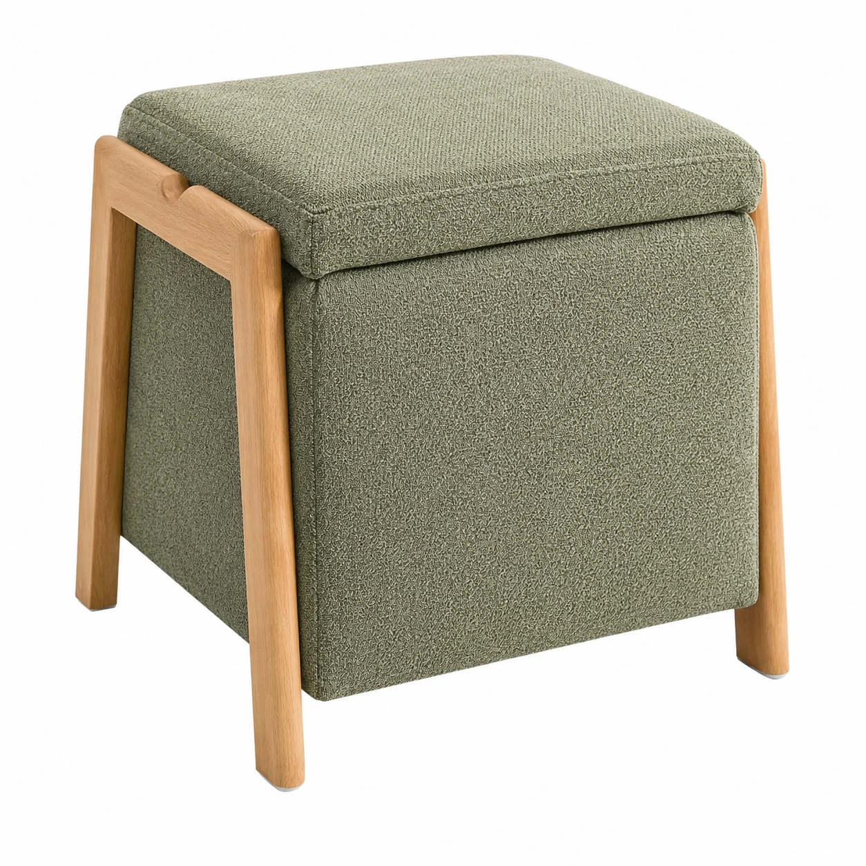 Taburete moderno con almacenaje tapizado y patas de madera estilo nordico verde oliva-sofarioo