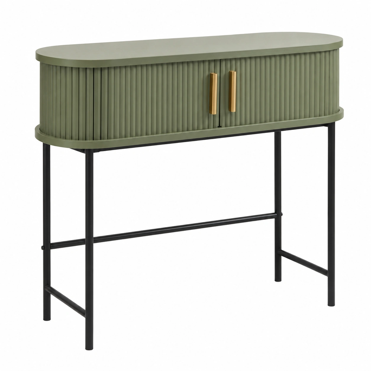 Consola moderna verde oliva con puertas texturizadas y patas metalicas negras-sofarioo