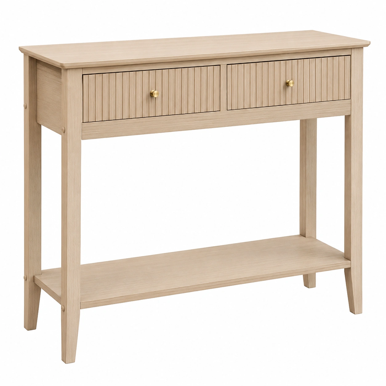 Consola moderna blanca con tablero efecto madera y almacenaje elegante para recibidor-sofarioo