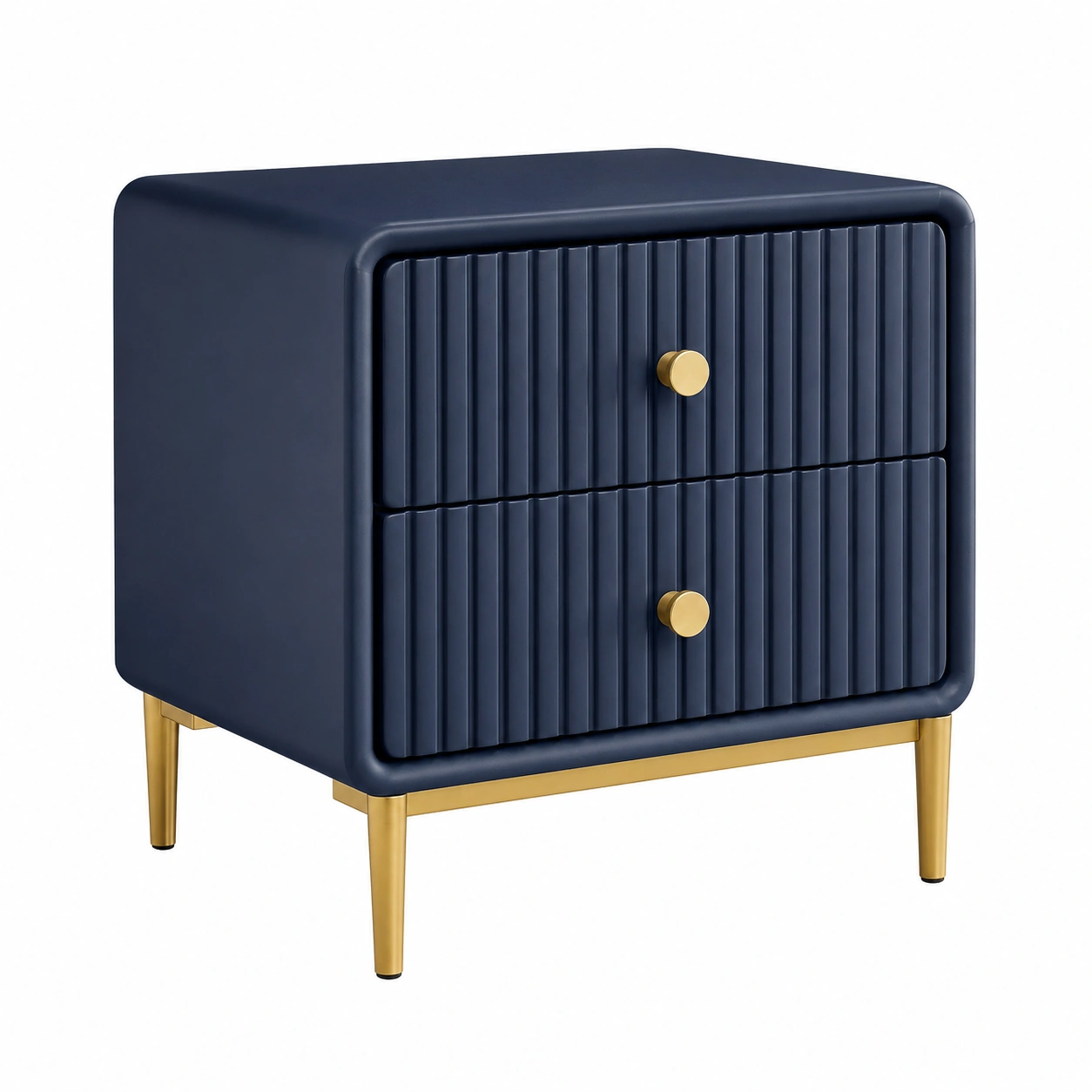 Mesita de noche moderna 2 cajones azul marino con patas doradas-sofarioo