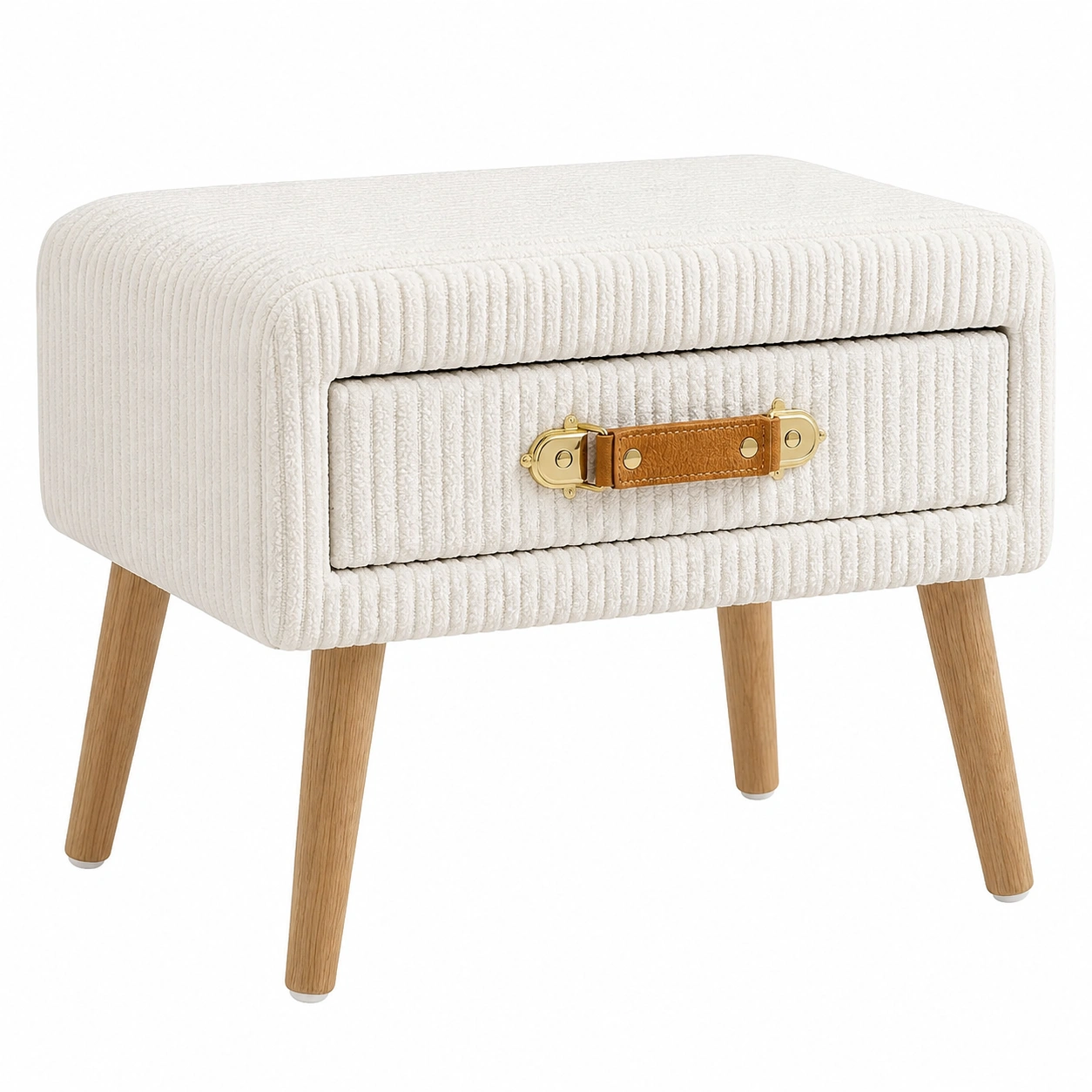 Mesita Auxiliar Tapizada con Cajon y Patas de Madera Estilo Nordico-sofarioo