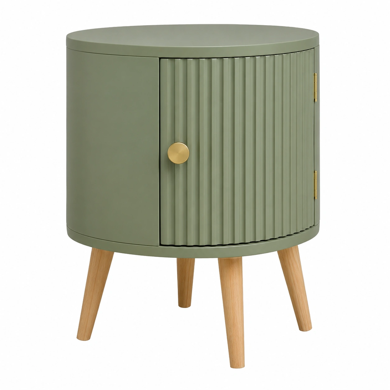 Mesa auxiliar redonda nordica con puerta acanalada verde oliva y patas de madera natural-sofarioo