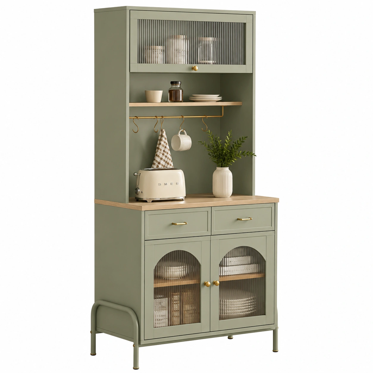 Vitrina de Cocina Multifuncional PARLIN 82 cm Verde Salvia con Puertas de Vidrio y Estilo Nordico-sofarioo