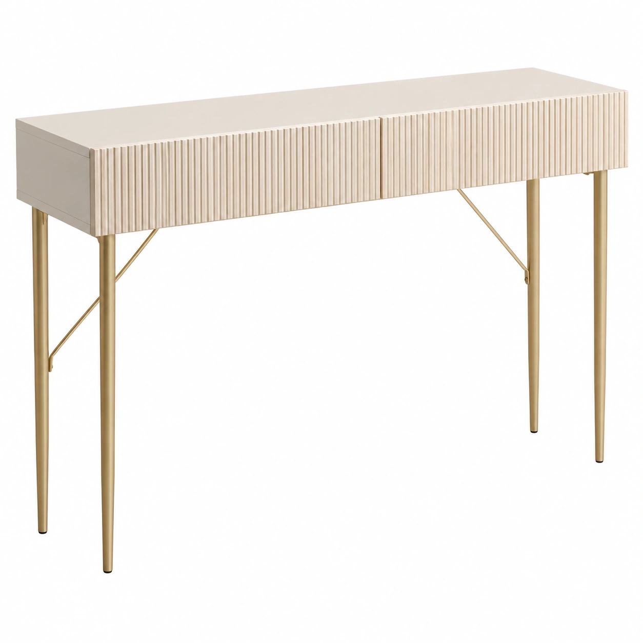 Consola moderna minimalista beige con relieve decorativo y patas metalicas doradas para recibidor salon dormitorio-sofarioo