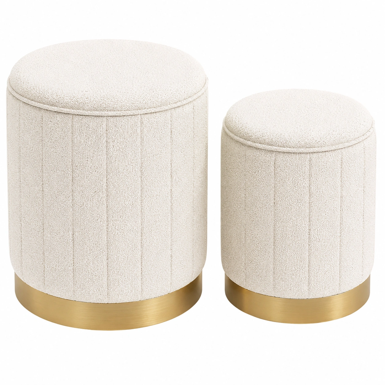 Juego de 2 taburetes redondos con almacenaje estilo moderno Boucle Crema y Dorado-sofarioo