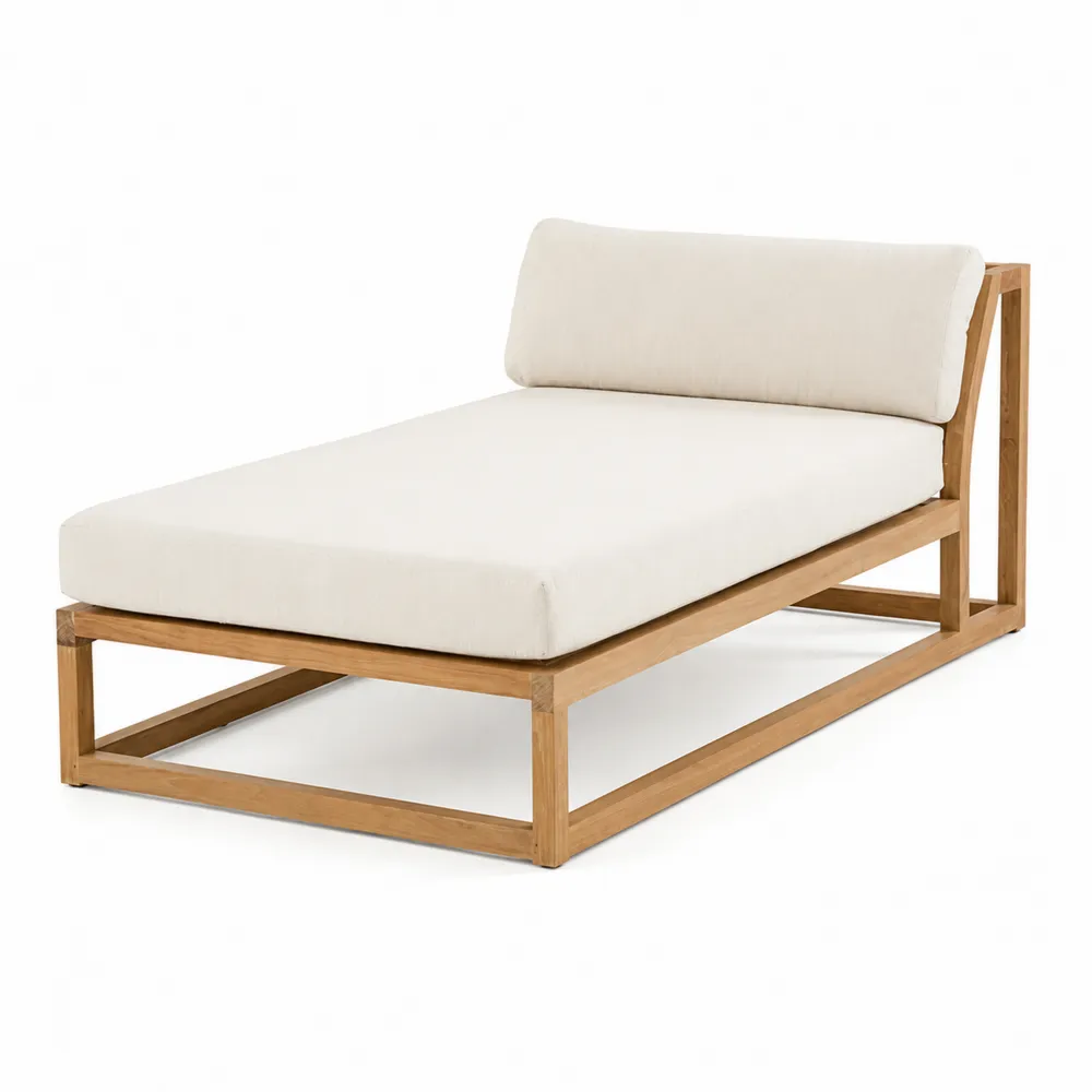 Chaise longue en bois avec coussins en tissu beige