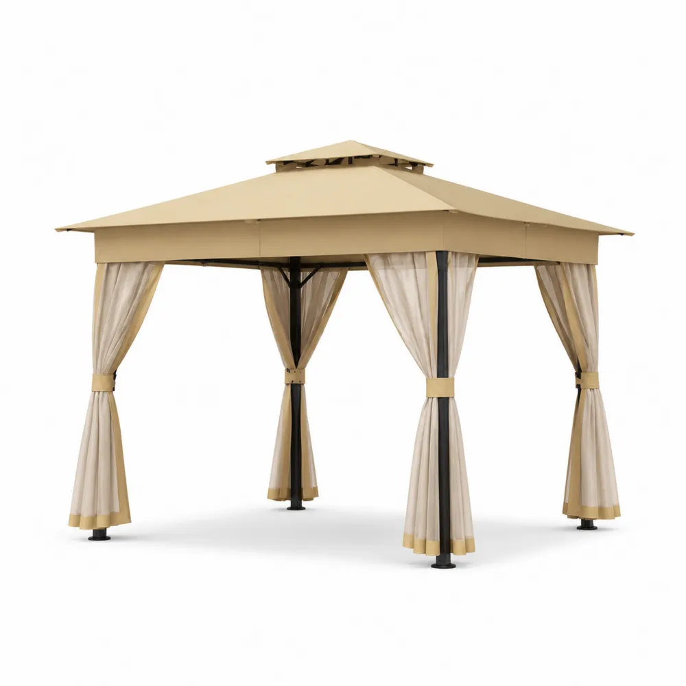 Pavillon de jardin en acier et polyester beige 3x3m avec rideaux