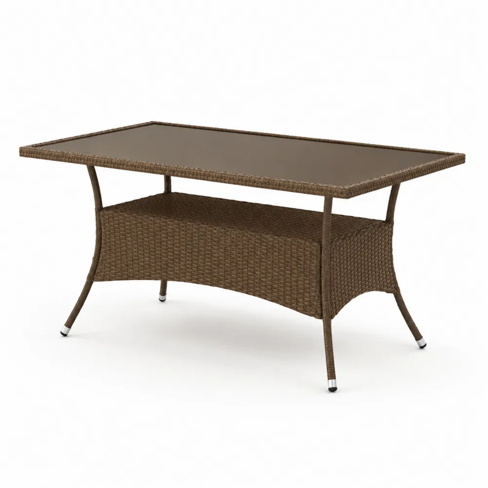 Table de jardin en osier avec plateau en verre trempé