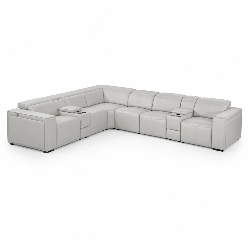 Canapé d'angle modulable en cuir gris clair avec porte-gobelets