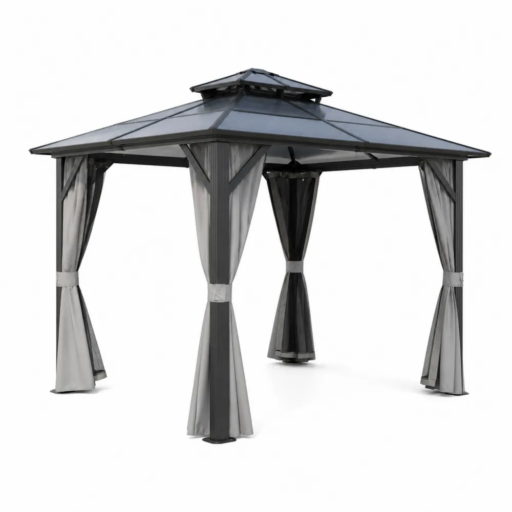 Tonnelle en Aluminium et Polycarbonate avec Rideaux en Polyester
