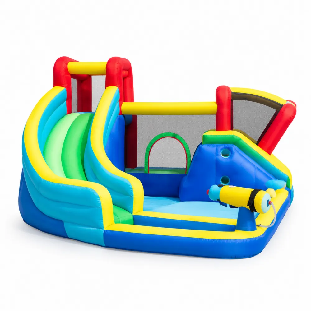Château gonflable en PVC multicolore avec double toboggan et canon à eau