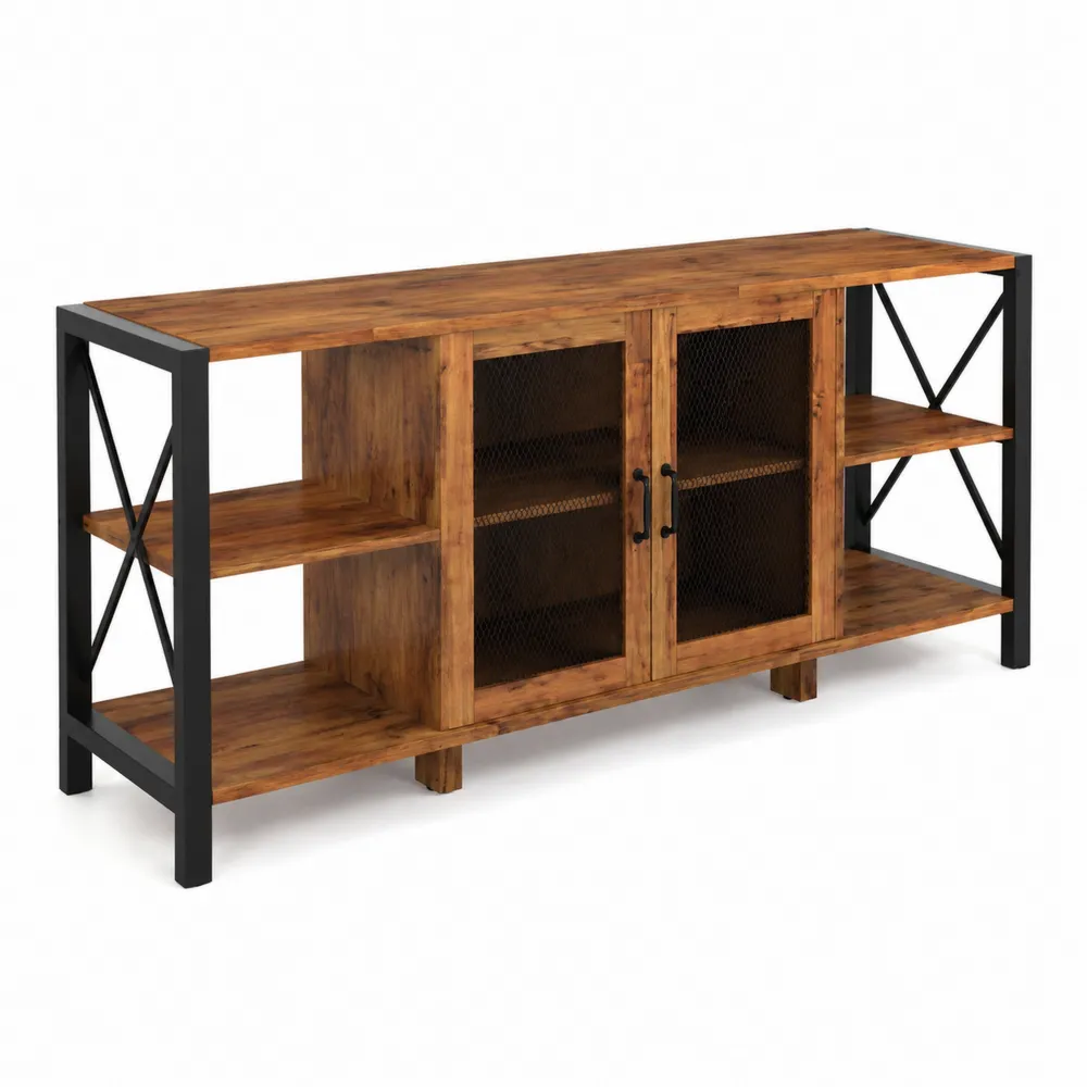 Meuble TV en bois MDF avec cadre en métal noir et portes en verre trempé