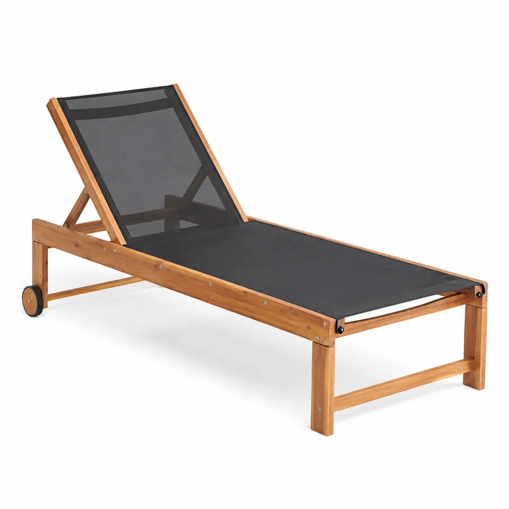 Chaise Longue en Bois d'Acacia et Textilène Noir