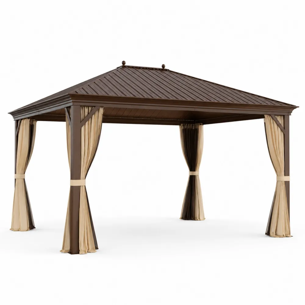 Pavillon de jardin en aluminium avec toit en acier et rideaux beiges