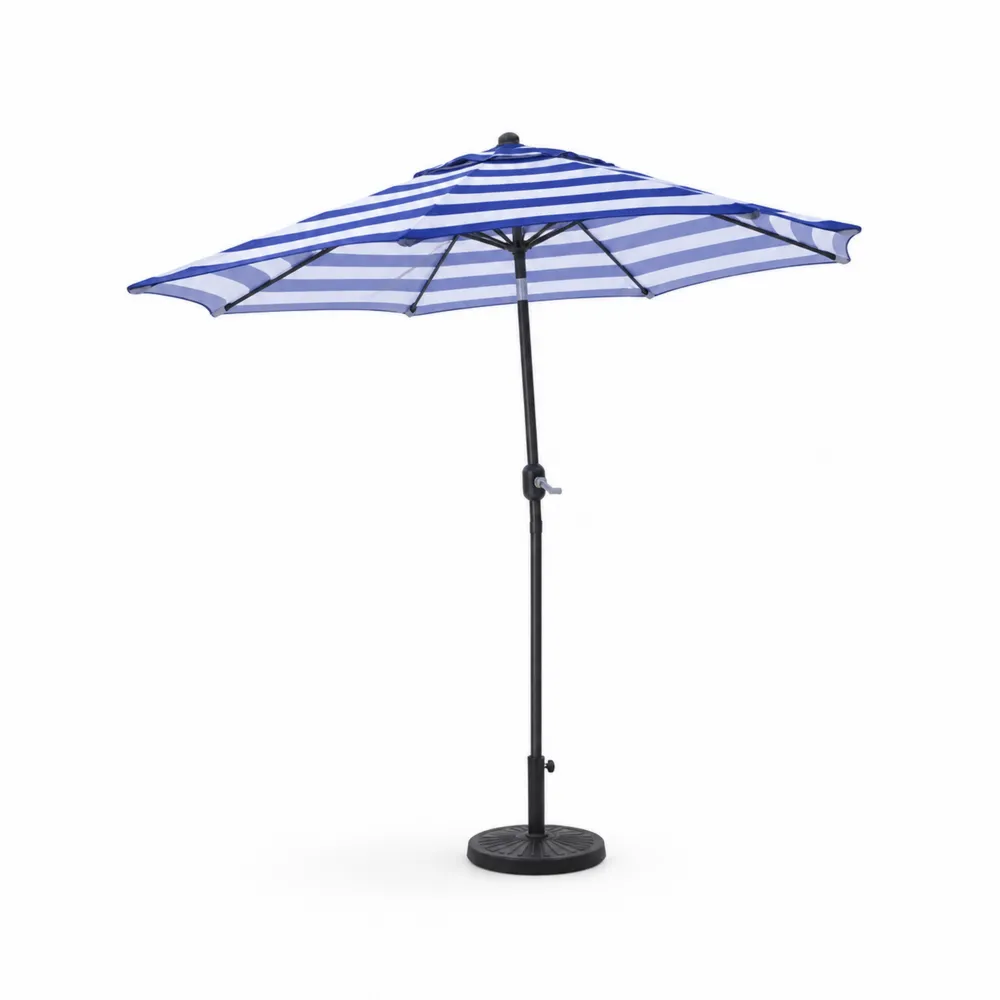 Parasol en polyester à rayures bleues et blanches avec mât en aluminium
