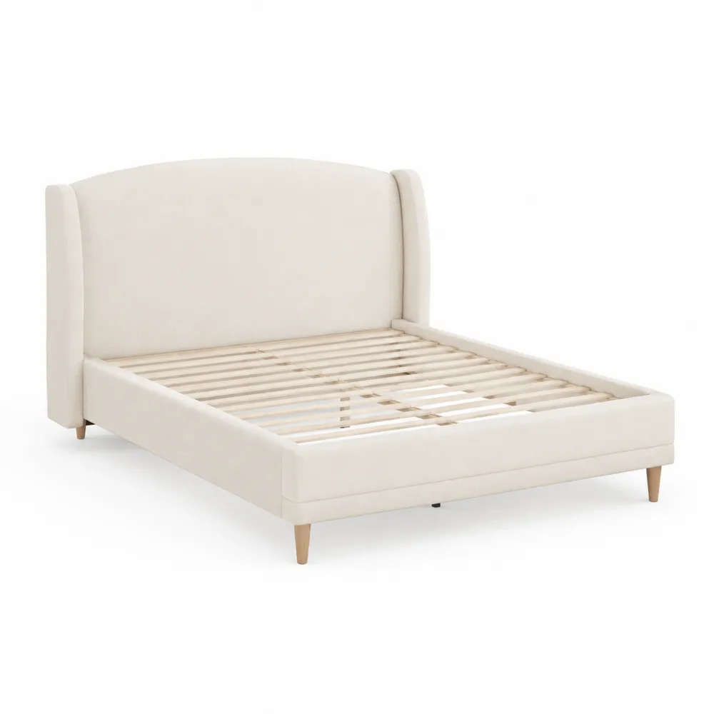 Lit double en bois et tissu crème 140x200 cm