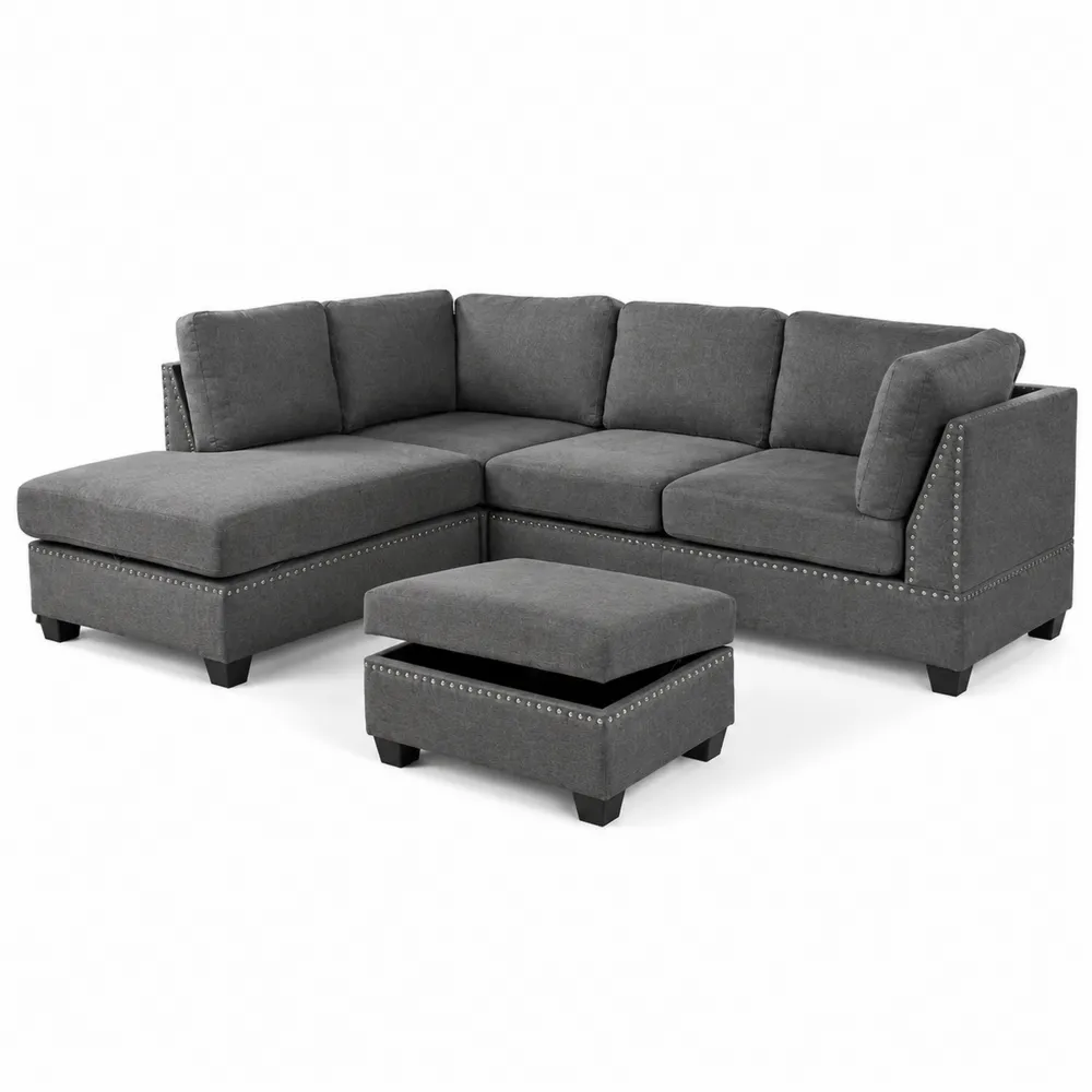 Canapé d'Angle en Tissu Gris avec Pouf de Rangement