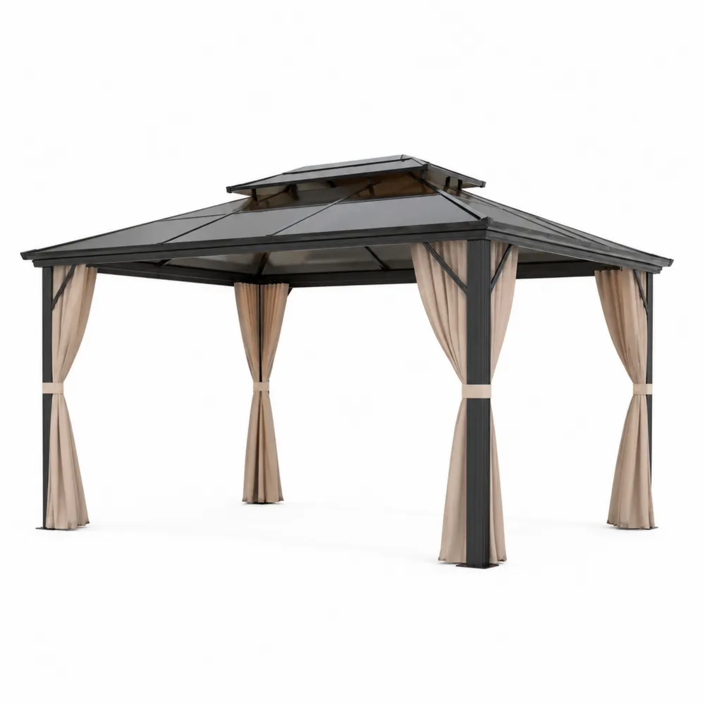 Pavillon de Jardin en Aluminium avec Toit en Polycarbonate et Rideaux Beige