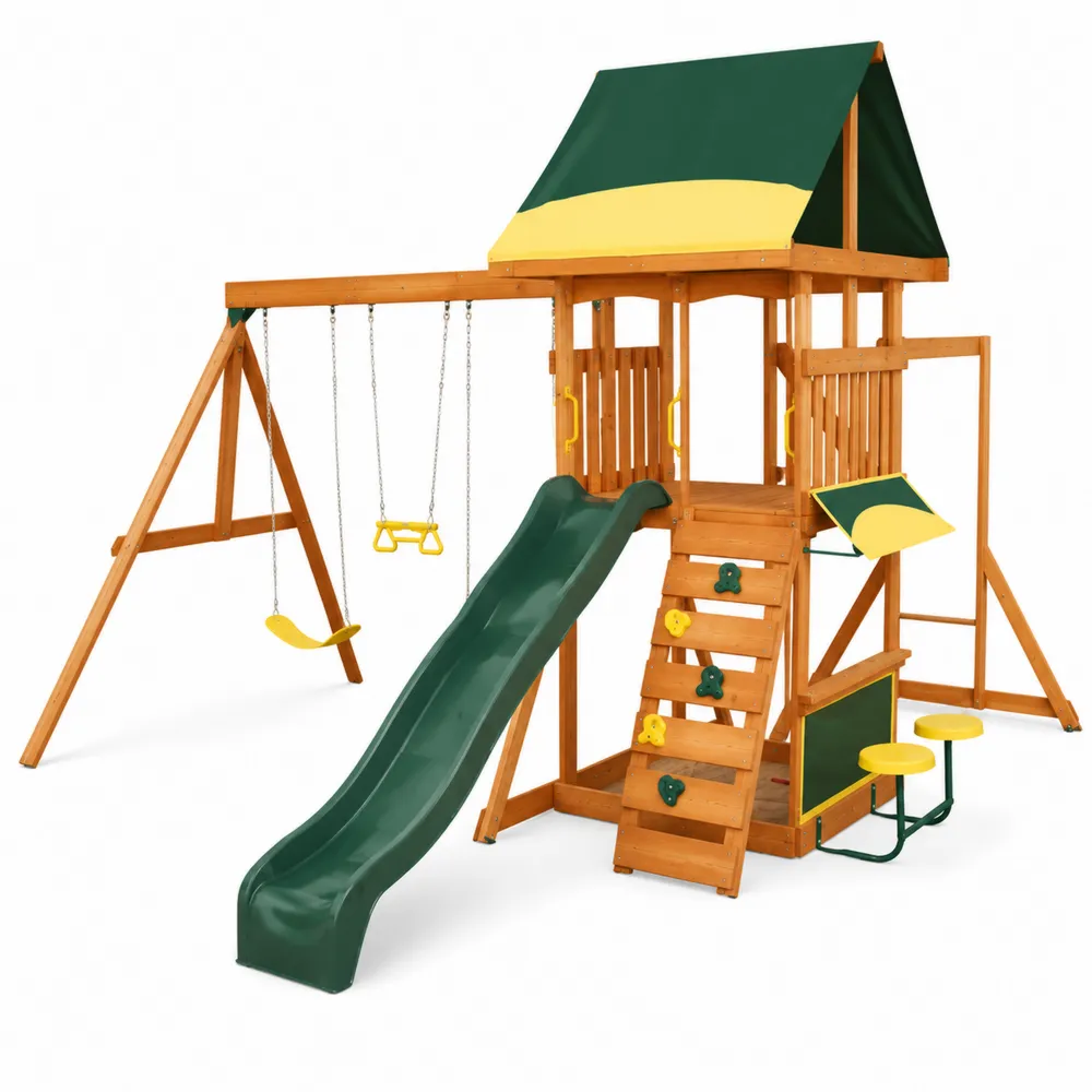 Portique en bois avec toboggan et balançoire en vert et jaune