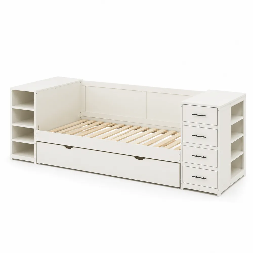 Lit simple en bois avec tiroir et étagères en Blanc