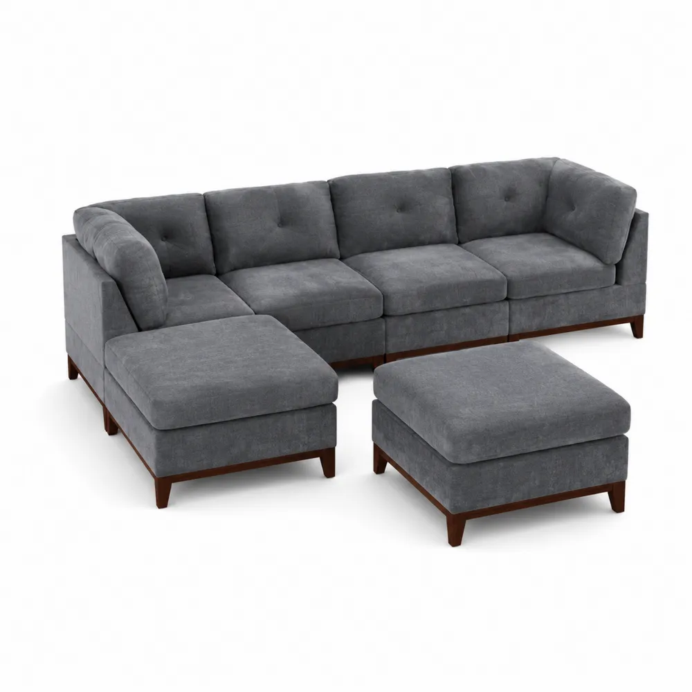 Canapé d'angle en tissu polyester gris avec ottomane