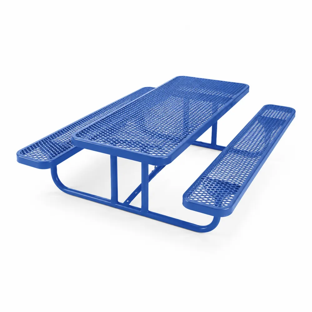 Table de pique-nique en métal bleu avec bancs intégrés