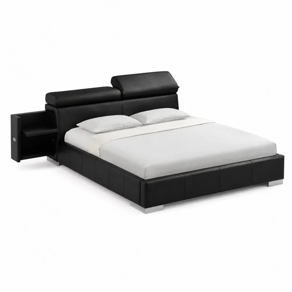 Lit double en bois et métal avec revêtement en cuir synthétique noir