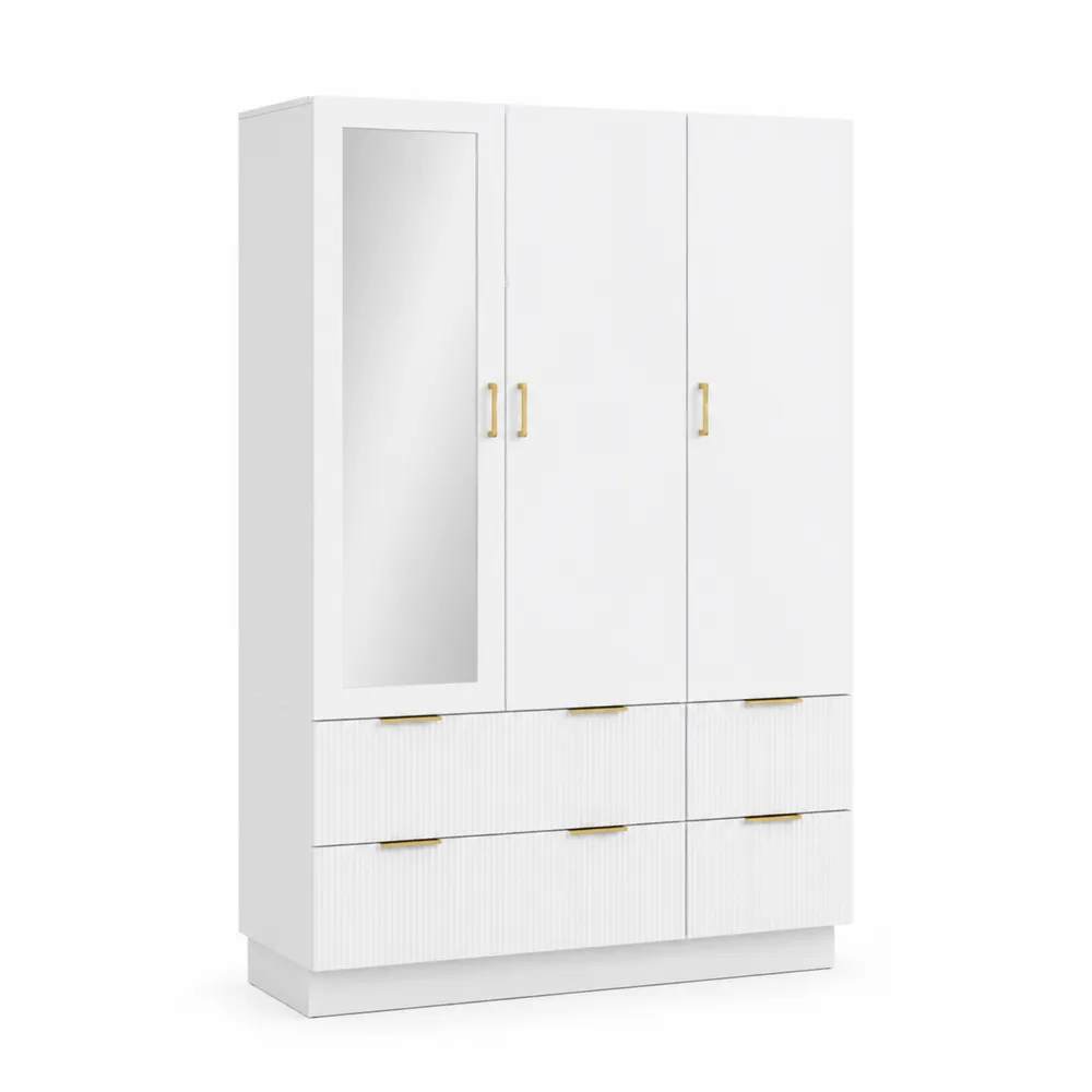 Armoire en Bois Blanc avec Miroir et Poignées en Acier Doré