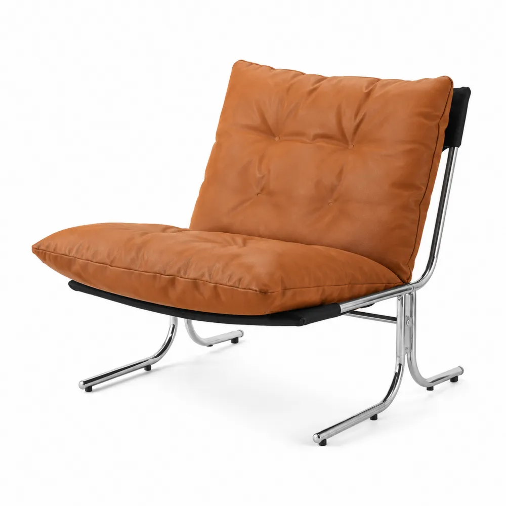 Chaise en cuir synthétique marron avec structure en métal chromé
