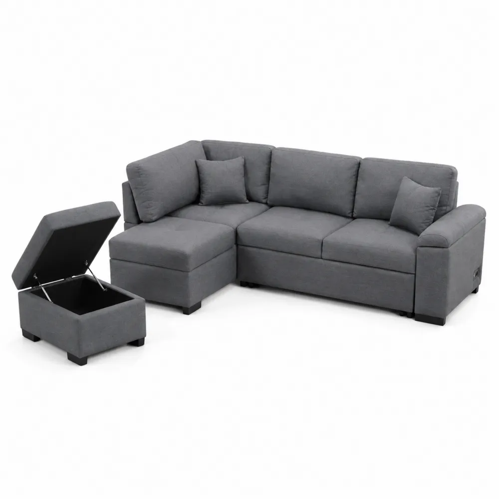 Canapé d'angle en tissu gris avec pouf de rangement