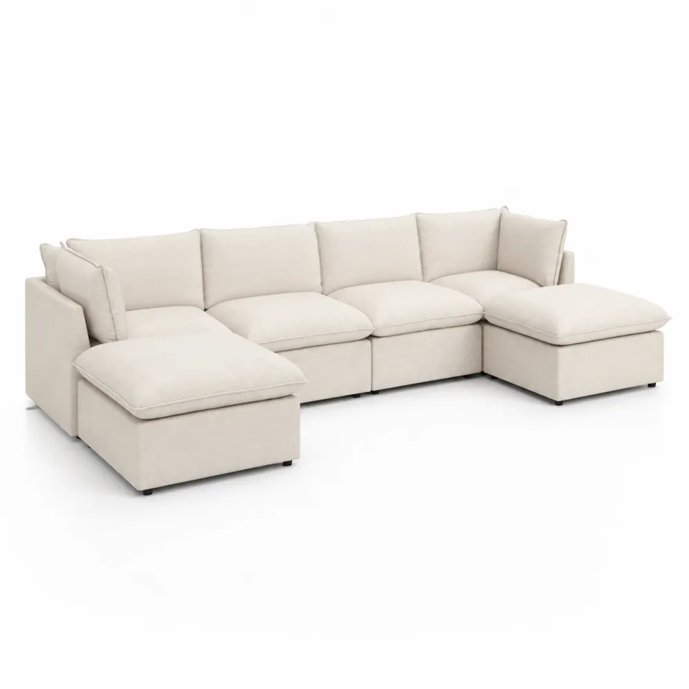 Canapé d'angle modulable en bois et tissu beige 300x200 cm