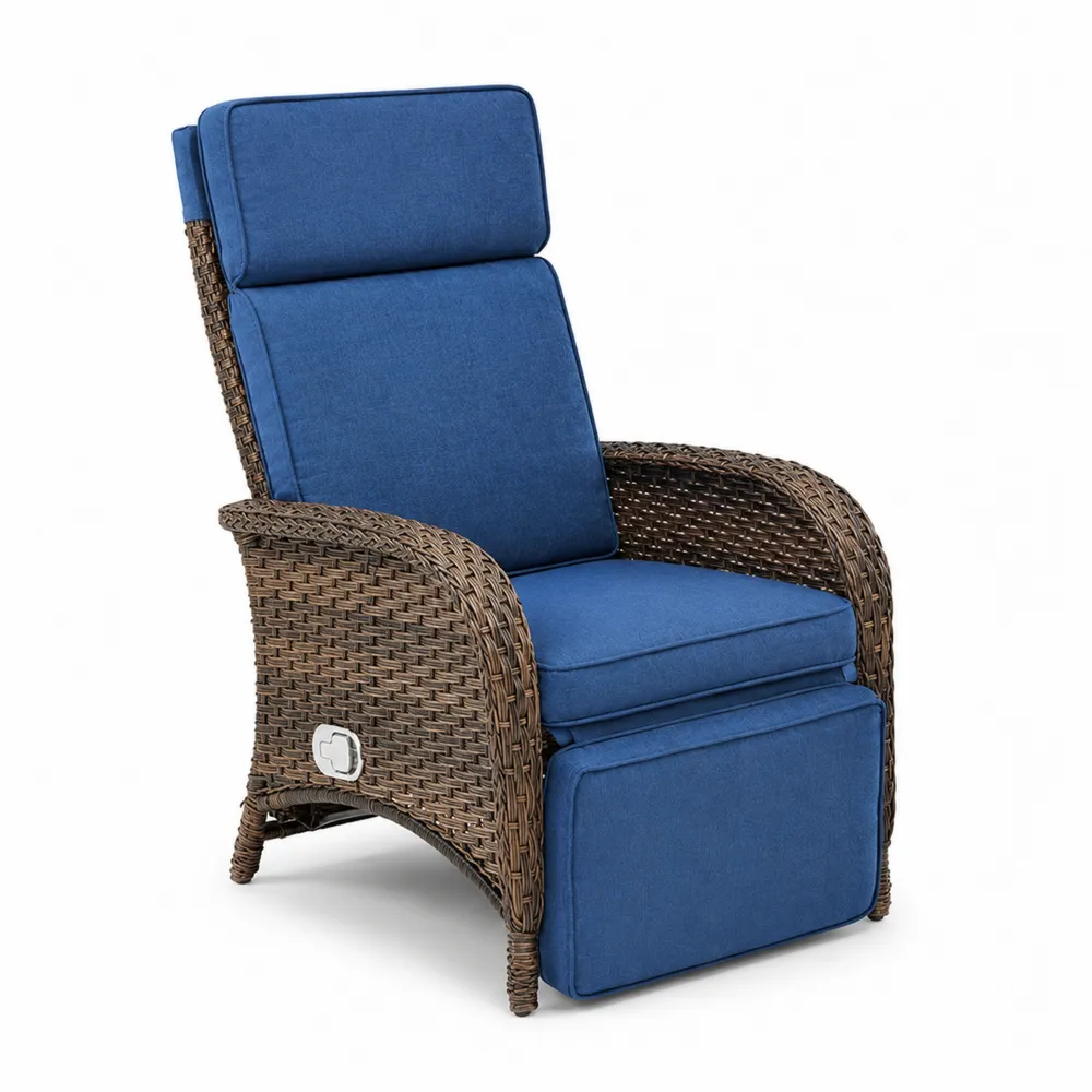 Fauteuil inclinable en osier synthétique avec coussins en tissu bleu