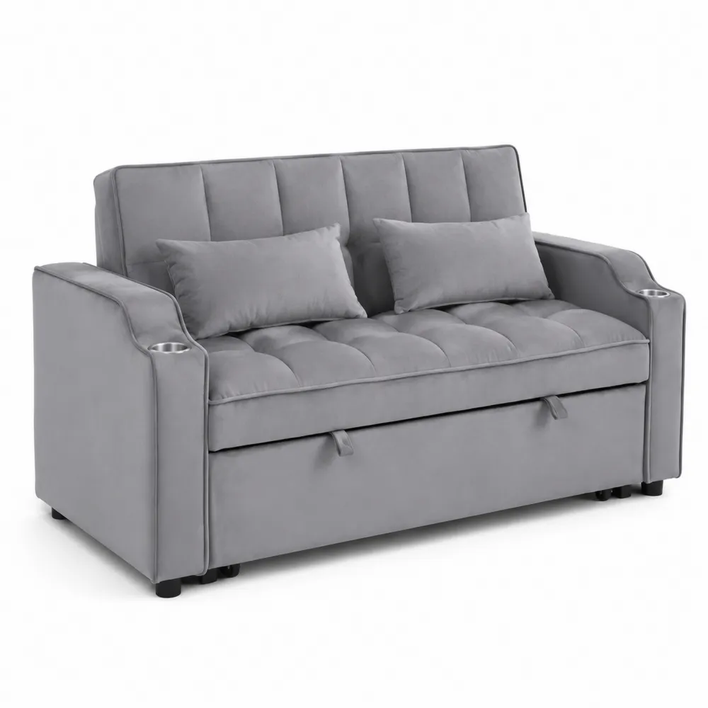 Canapé deux places en velours gris avec rangement et porte-gobelets